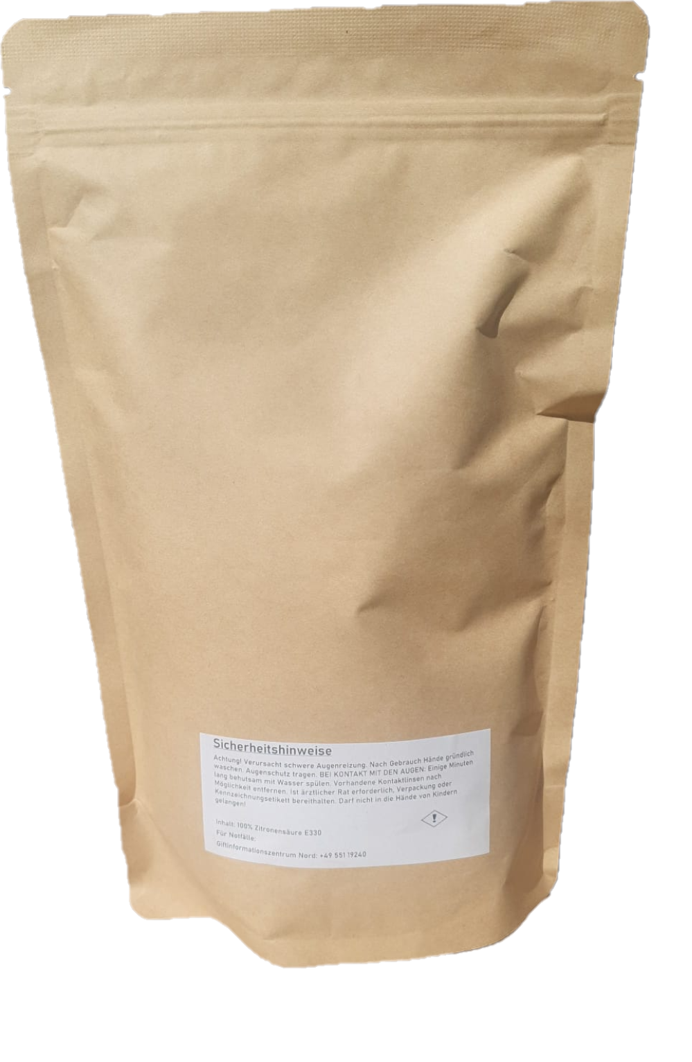 Zitronensäure 1 kg verpackt im praktischen wiederverschließbaren Standbodenbeutel Rückseite