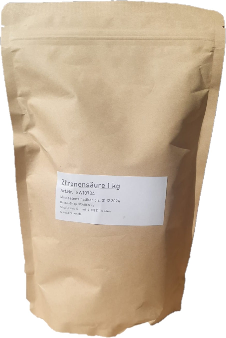 Zitronensäure 1 kg verpackt im praktischen wiederverschließbaren Standbodenbeutel Vorderseite